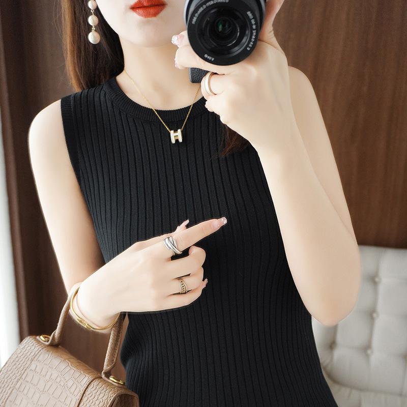 Rundhals Strick-Trägerweste Damen Dünner Pullover Sommer Neu Einfarbig Ärmellos Innenbasis