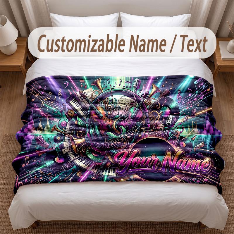 Music General Theme Soft Blanket Personalized Custom Name Text Print Warm Blanket Home Sofa Bedroom Decor