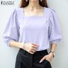 ZANZEA Women Casual Square Neck Loose Summer 3/4 Sleeve Blouse