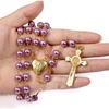 Nazareth Store Purple Pearl 8mm Bead Rosary Necklace Gold Prayer Chaplet Miraculous Open Up Locket Centerpiece Medal White Enamel No Gemstones Cross,