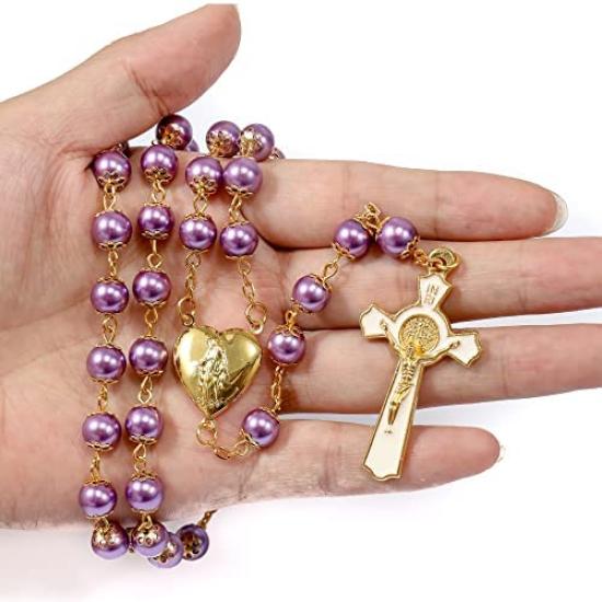 Nazareth Store Purple Pearl 8mm Bead Rosary Necklace Gold Prayer Chaplet Miraculous Open Up Locket Centerpiece Medal White Enamel No Gemstones Cross,