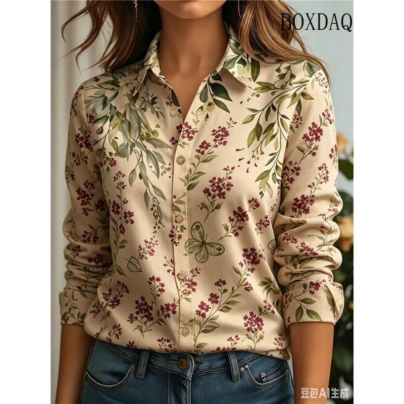 2026 Women's Long Sleeve Blouse Autumn Fashion Butterfly Plants Flowers 3D Printed Shirts Casual Elegant Daily Lapel Blouse Tops