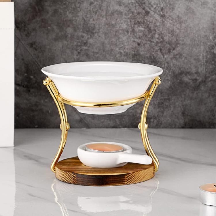 Difusor de Aceites Esenciales Cerámica Cuenco Quemadores de Cera de Aceite Calentador Portavelas de Té con Base de Madera para Decoración del Hogar