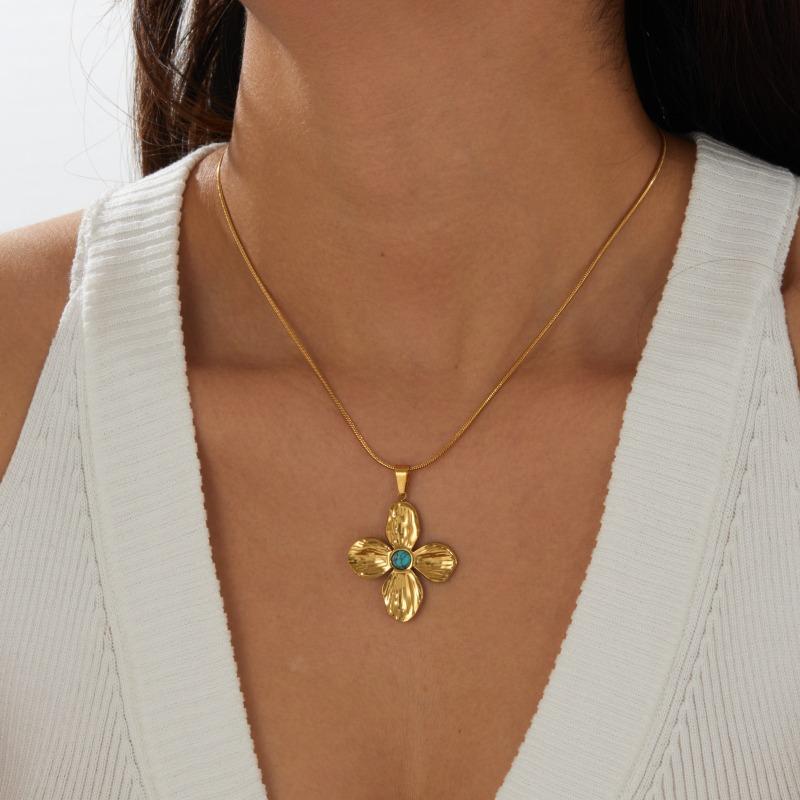 Gold Plated Stainless Steel Flower Pendant Necklace with Turquoise Center for Women