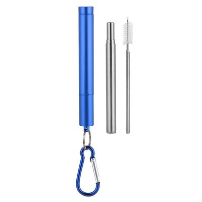Retractable Reusable Stainless Steel Straw(Blue Aluminum Case Straw+Brush+Carabiner )