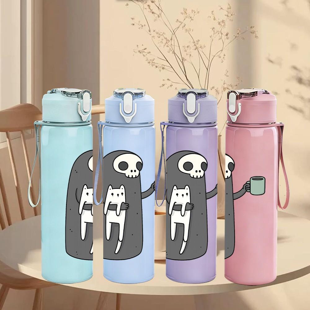 1PC Skeleton Coffee Time Cartoon 750ml Color Plastic Sports Water Bottle Leakproof Flip Straw Lid Suitable for Sports Office Home Use