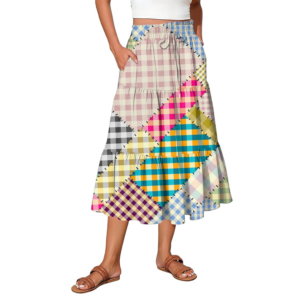 Falda casual de mujer con estampado de cuadros y cintura elástica con cordón