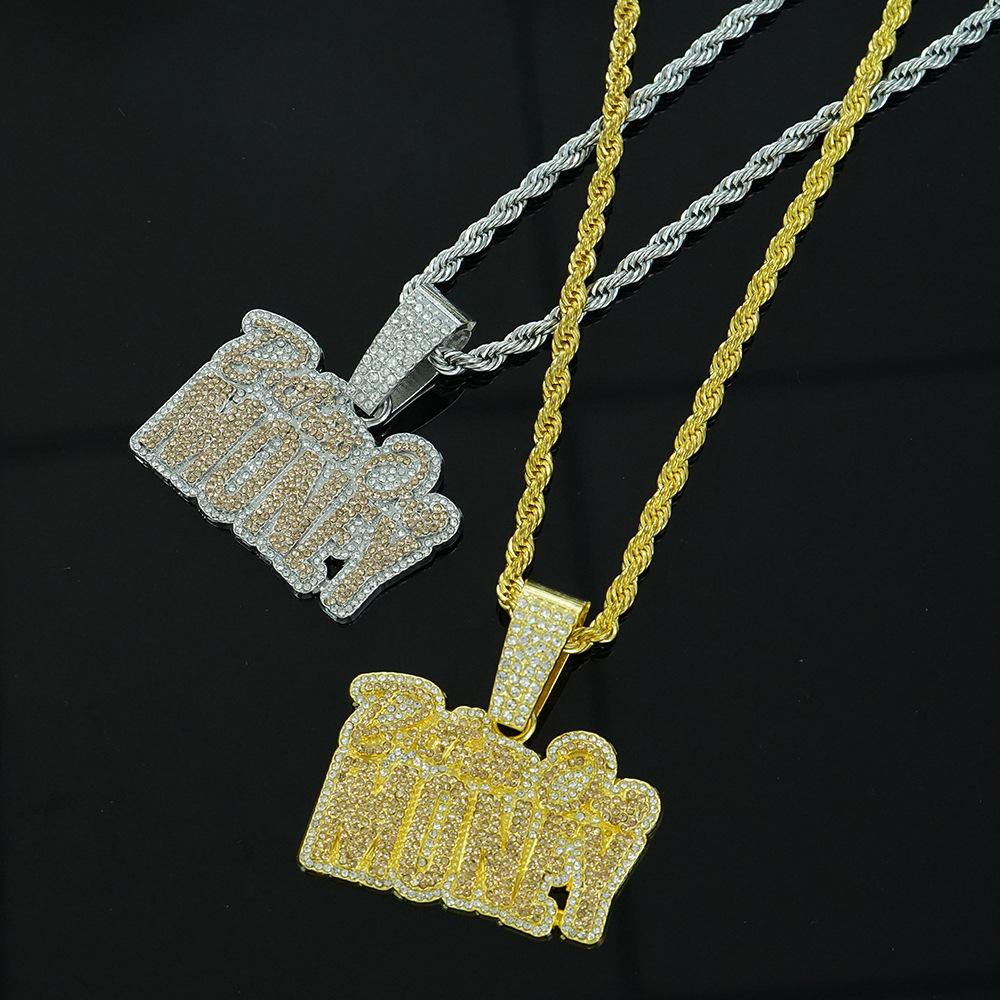 Hip Hop Style Full Diamond Letters Brother Over Money Pendant Fashion Cross-border New Men's Necklace Accessories