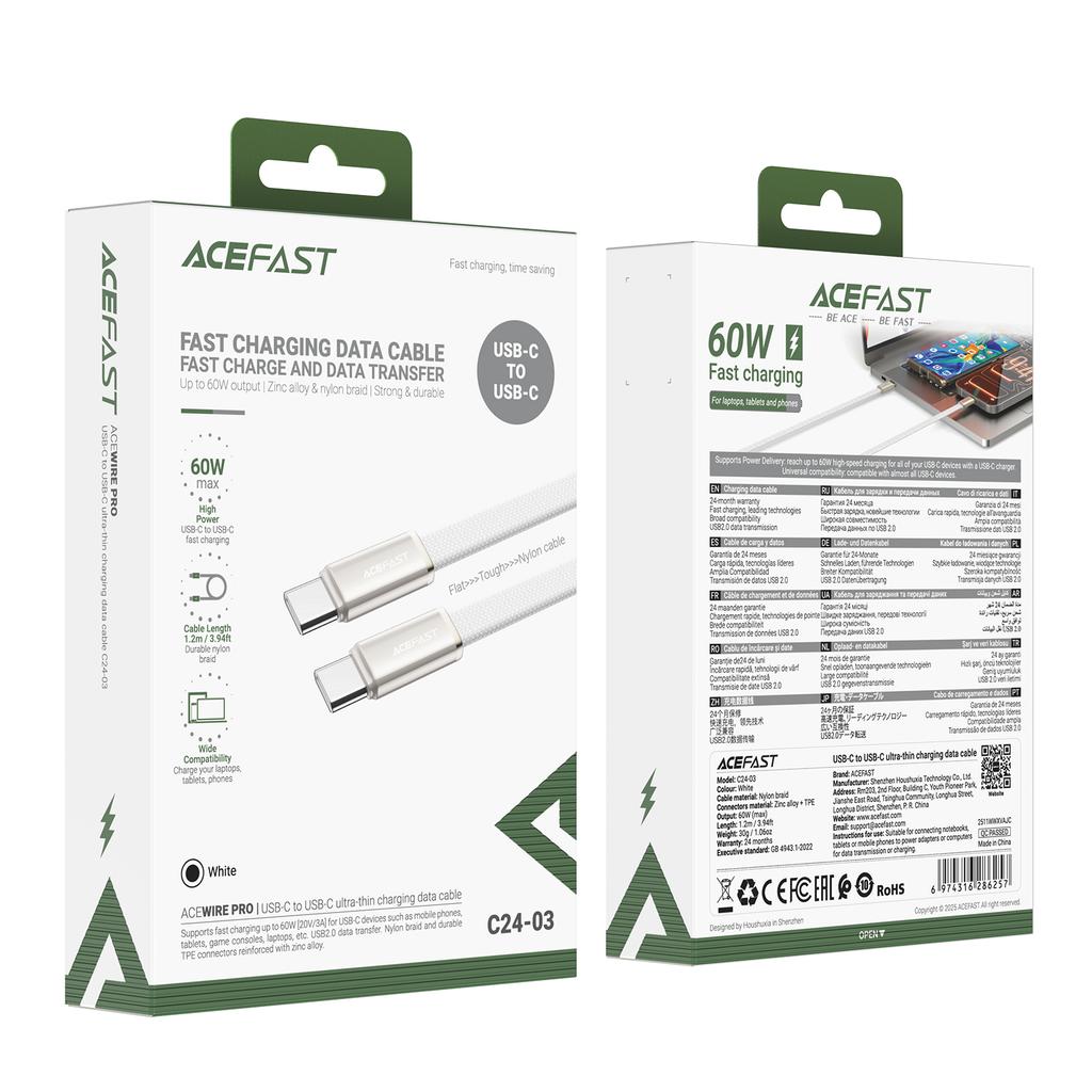 ACEFAST C24-03 USB-C to USB-C Cable Ultra Thin Charging Data Cable 60W Fast Charging Durable Nylon Braided Cable