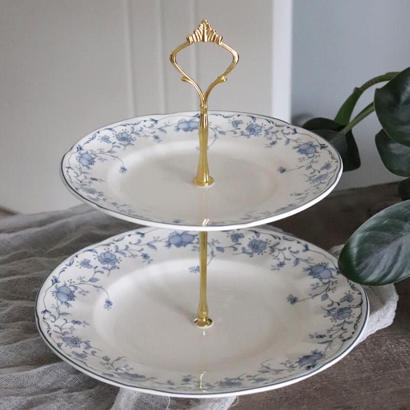ZISIZ Blue Fruit Underglaze Ceramic Double-Layer Cake Stand