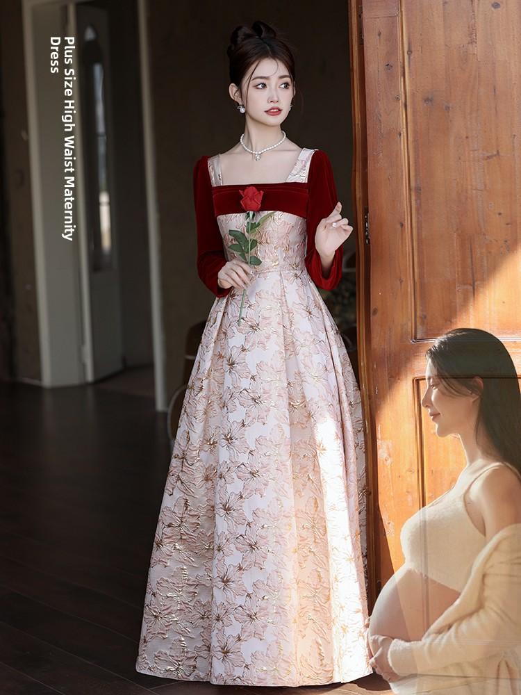Elegant Long Sleeve Velvet Wedding Dress for Pregnant Women High Waist A-Line Skirt Formal Evening Gown Perfect for Engagemen...