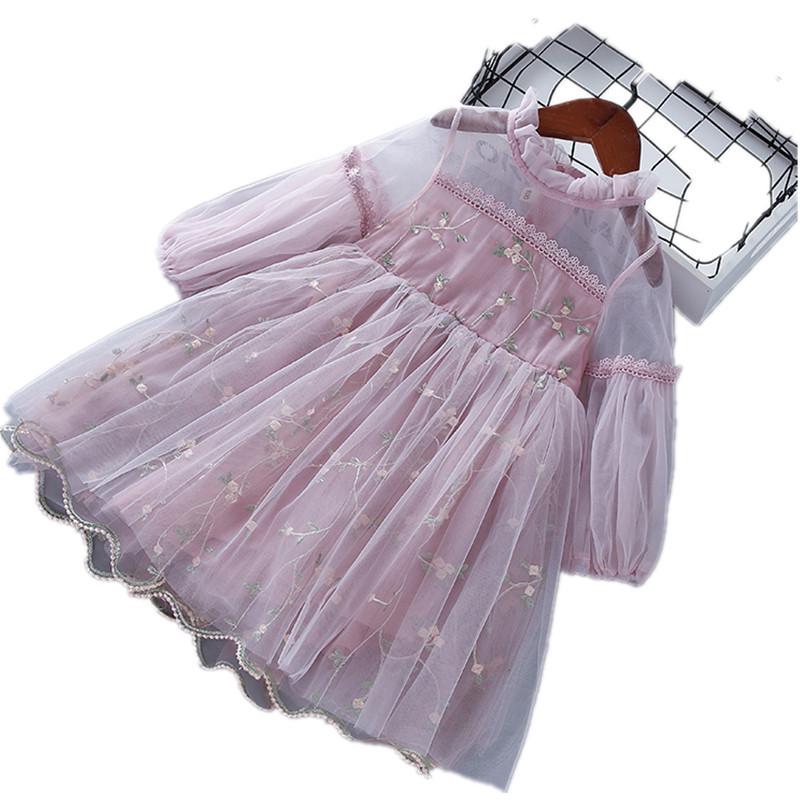 New Girls' Lace Mesh Embroidered Puff Sleeve Dress - Spring & Autumn, Korean Style