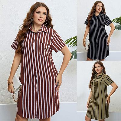 Summer Casual Short Sleeve Dresses for Women Fashion Striped Turn Down Collar Plus Size Dress Buttons Shirt Dresses With Pockets Commuter Dress