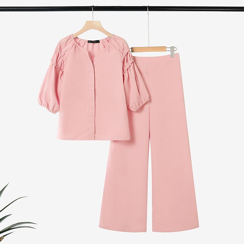 

ZANZEA Женский костюм-двойка: блузка с рукавом три четверти и брюки, летний XL розовый