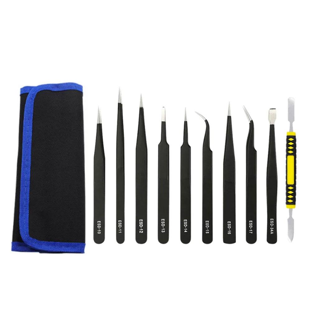 10 IN 1 Stainless Steel Precision Antistatic Electrostatic Tweezers Set Maintenance Tools Professional Electronic Tweezers