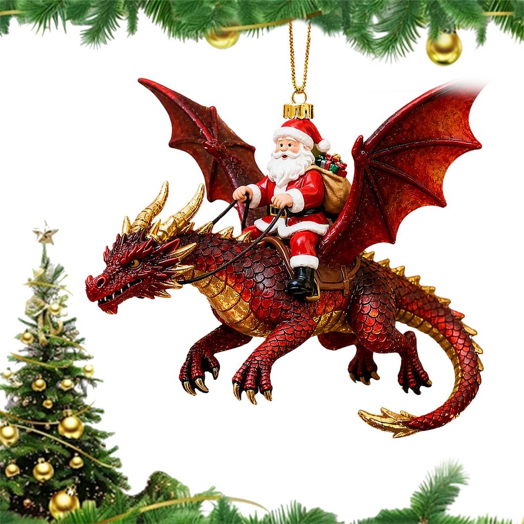 3D Hand Painted Holiday Ornament Santa Riding Dragon Resin Fantasy Christmas Tree Hanging Pendant Decor