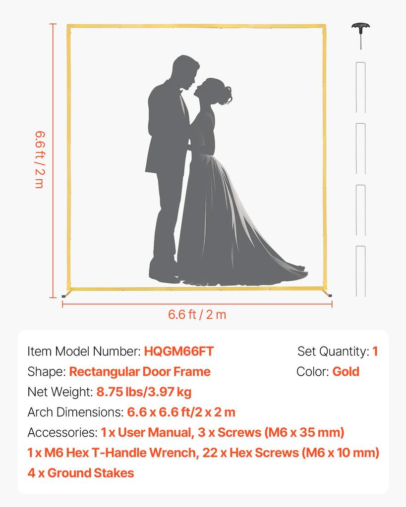 VEVOR Arch Backdrop Stand, 2 X 2 M, Stable Structure, Easy Assembly, Square Gold Metal Arch Backdrop Stand for Wedding, Birthday Party, Graduation