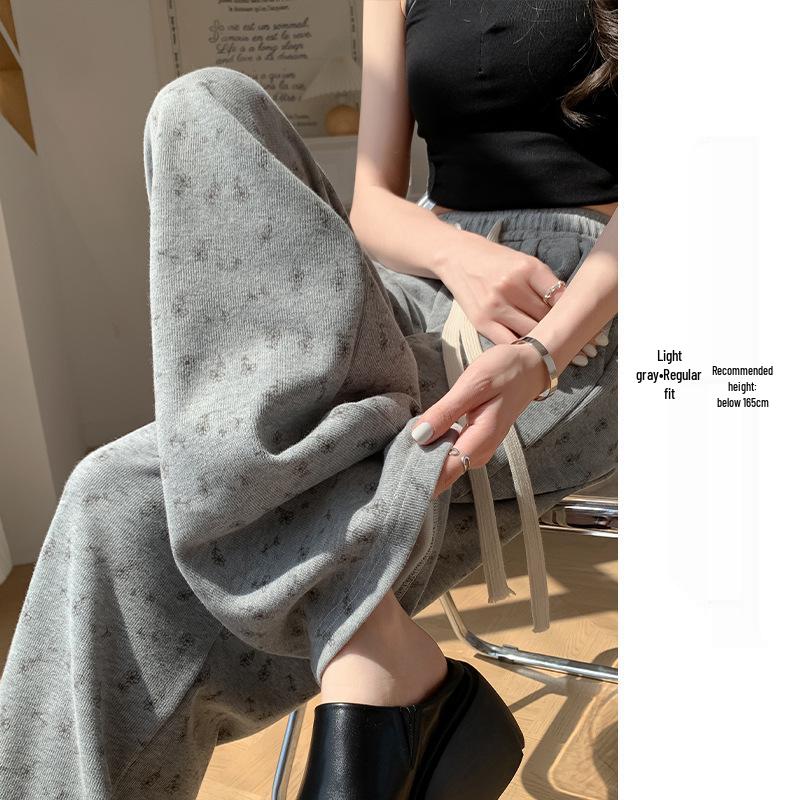 Florale weiße High-Waist-Sweathose mit weitem Bein für Damen - Frühling, Herbst & Winter