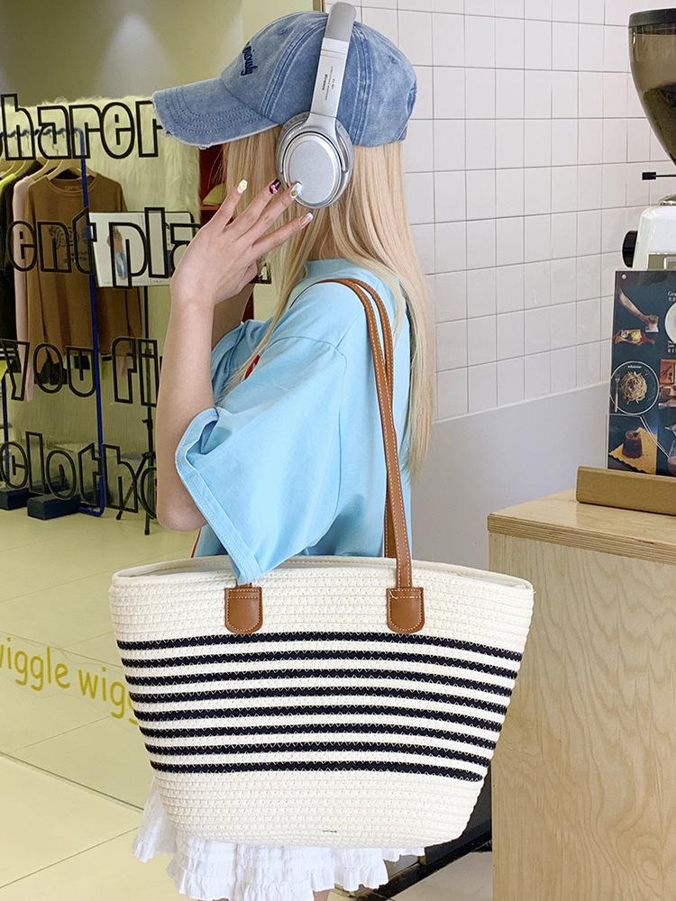 Stylish Large Capacity Striped Woven Beach Tote with Custom Logo