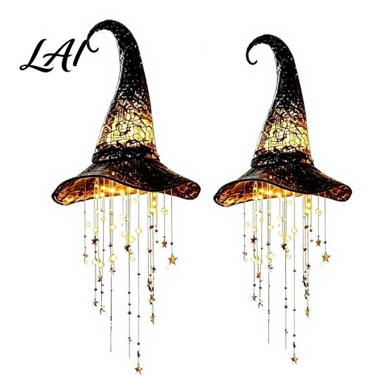 Halloween Witch Hat Hanging Lights 2 Pcs Light Up Black Mesh Chime Glowing Battery Operated Lamp with Cascading Stars for Window Patio Porch