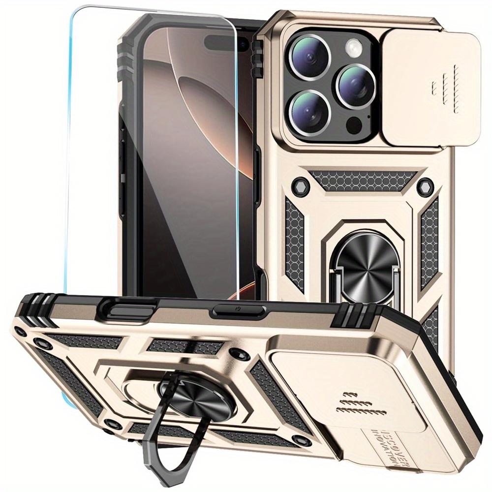 For iPhone 17 16 16e 15 Pro Max 14 Plus 13 12 11 Case Phone Bumper with Clear Tempered Glass Screen Protector Slide Camera Cover Ring Kickstand Holder