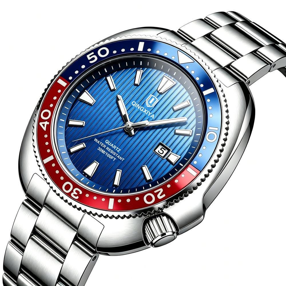 Business Mens Analog Watches Wateproof Diving Watch Luminous Dial Steel Band Daily Calendar Quartz Watch