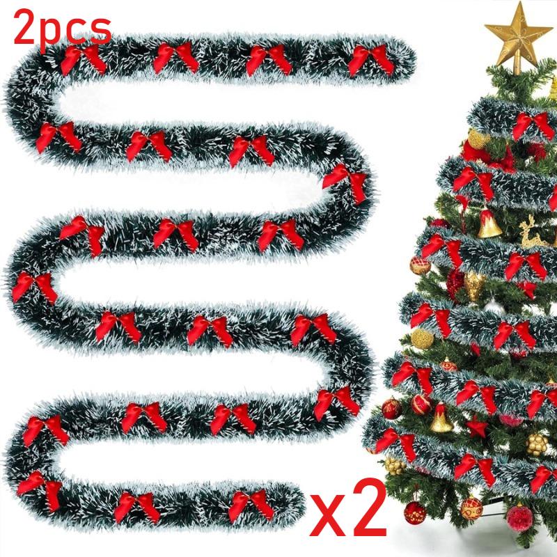 2M Weihnachts-Lametta-Girlande mit Schleifen - Grünes Zuckerstangen-Band für Weihnachtsbaumschmuck, DIY Kranz & Geschenkverpackung, Vintage Glitzer Party