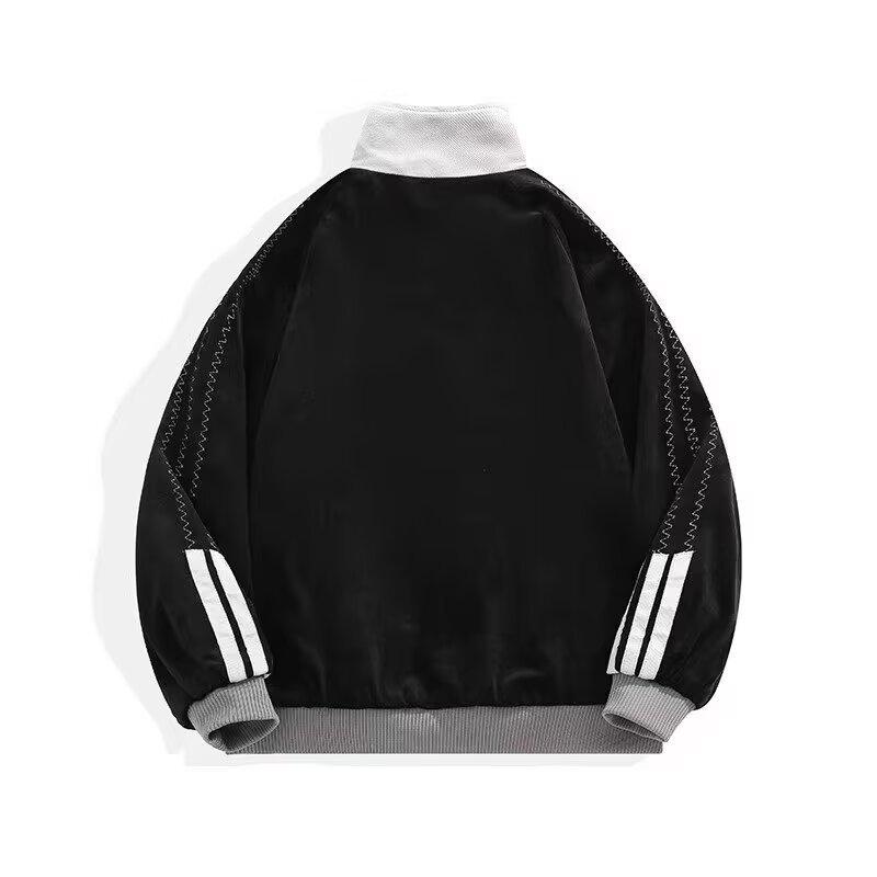 Unisex Retro Color Block Stand Collar Jacket - Casual Loose Fit for Spring/Autumn