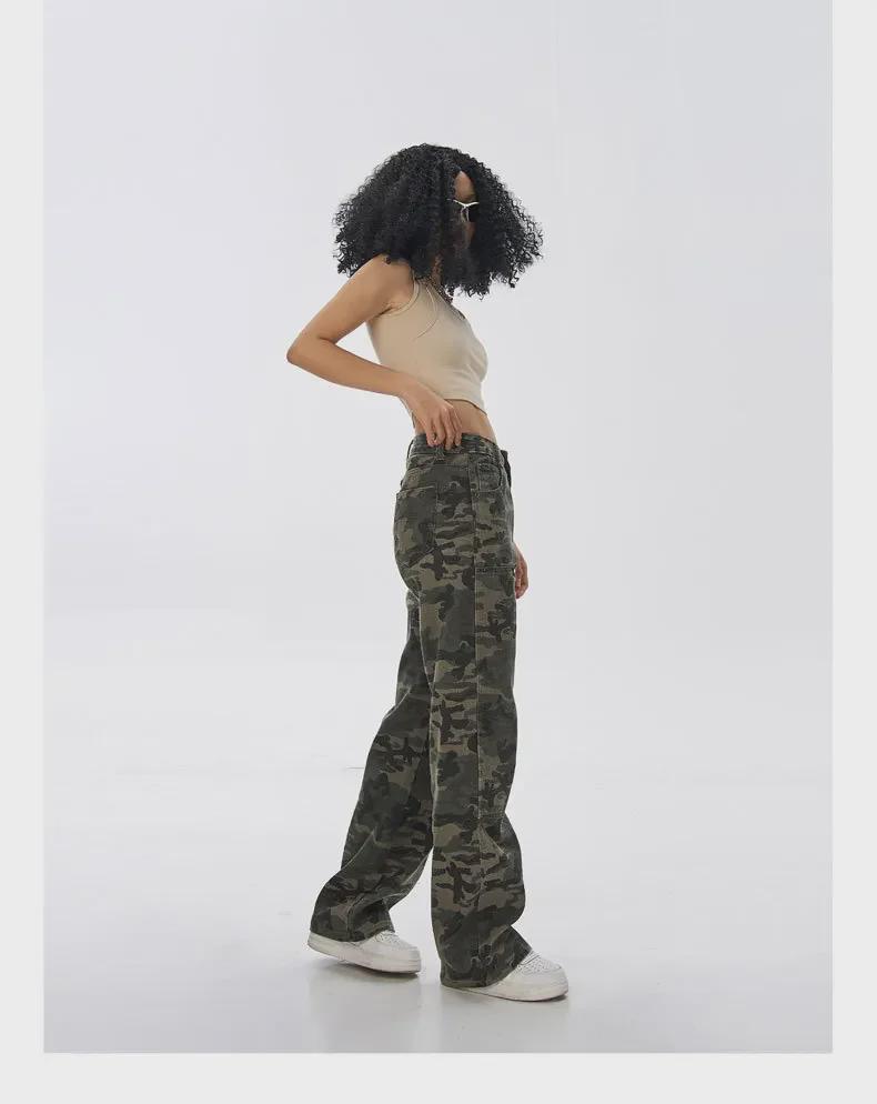 Damen-Jeans in Armeegrün mit Camouflage-Muster und hoher Taille und weitem Bein – Lässiger Hip-Hop-Stil für den Sommer
