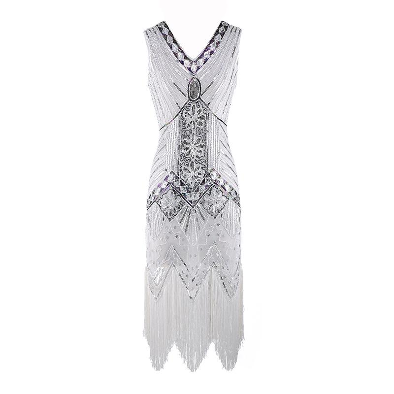 Retro Sequined Beaded Dress Front and Rear Deep V-neck Fashionable Fringed Dress, Popular Evening Dress