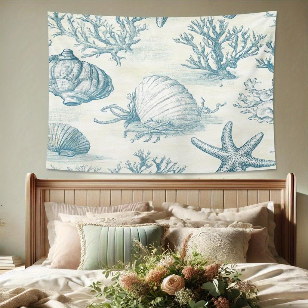 1 piece ocean style tapestry with shells, starfish and coral reefs polyester fabric, suitable for bedroom living room decoration