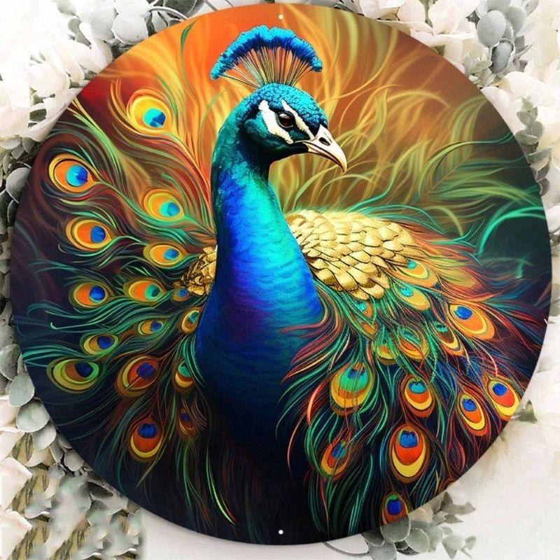 Vintage Peacock Metal Wall Art 8x8 inch Round Tin Sign Home Door Decor