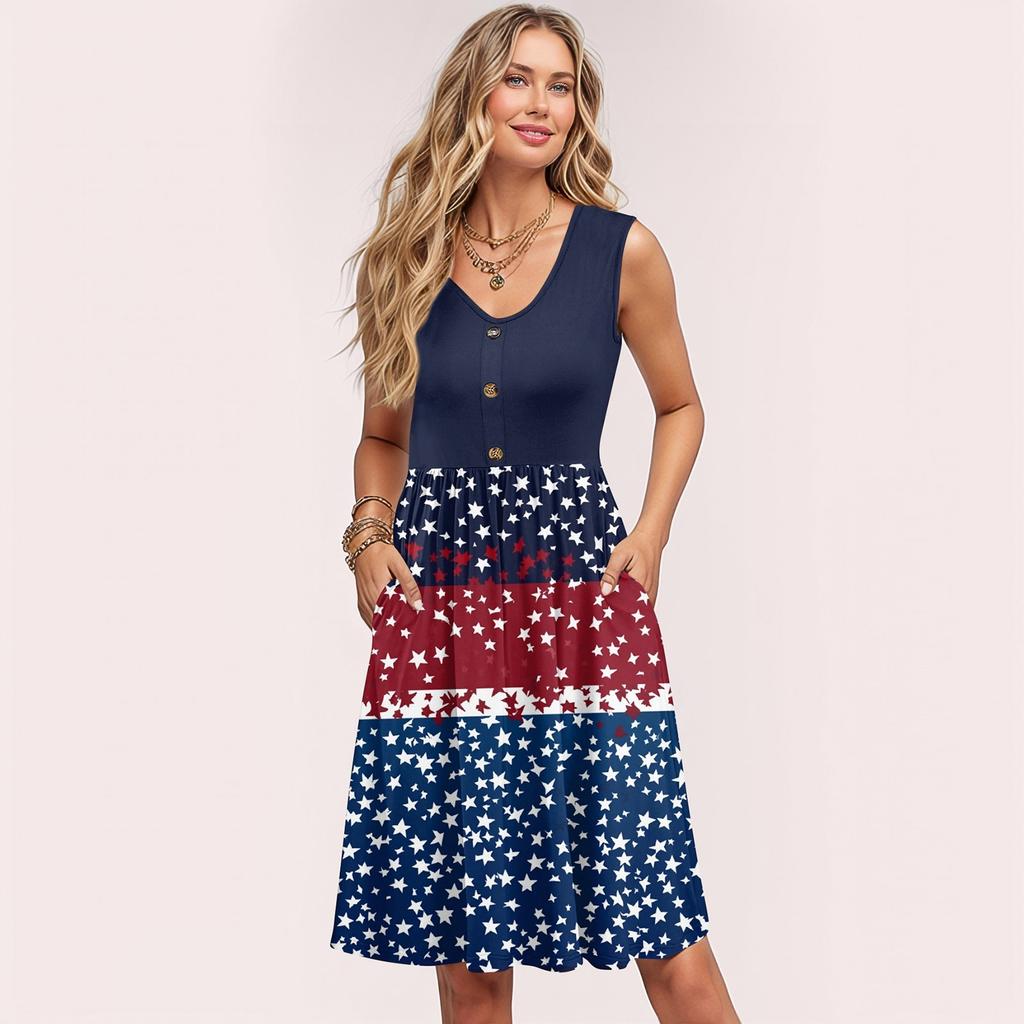 Damen Sommerkleider Ärmellos Lässig Locker Schwingend Knopfleiste Midi Sonnenkleid mit Taschen