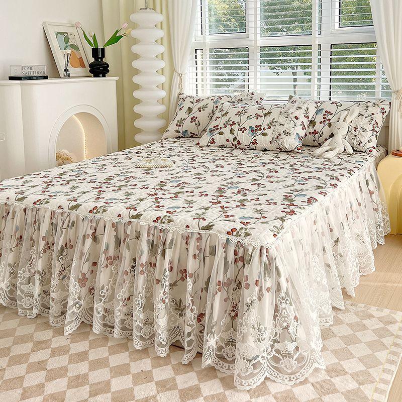 Saia de cama acolchoada estampada pastoral francesa, renda bordada, colcha grossa, roupa de cama à prova de poeira com lençol de algodão antiderrapante