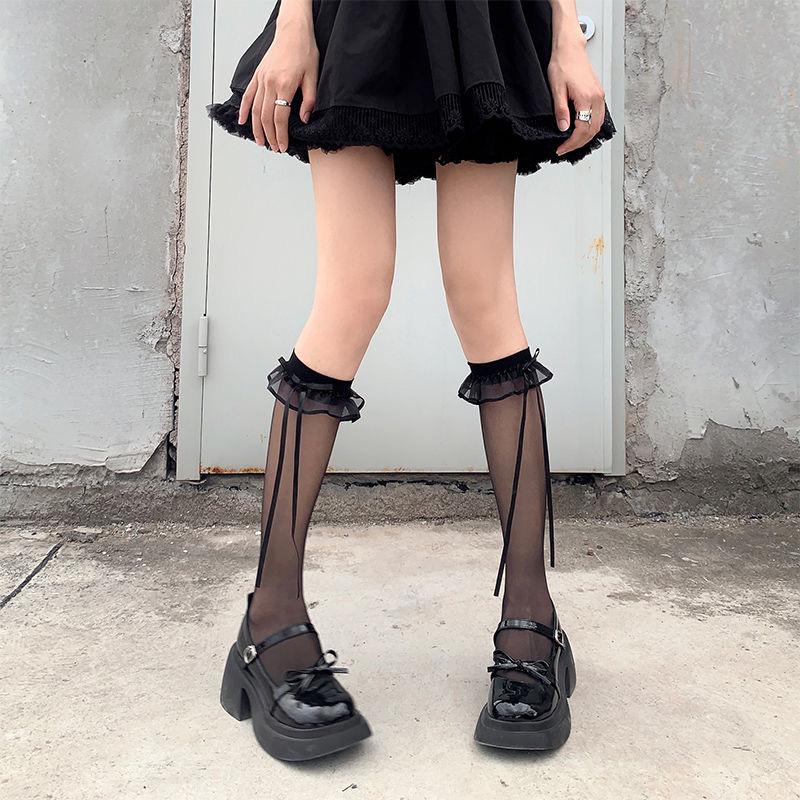 Women's Summer Lace Trim Over-the-Knee Black Stockings - Sexy Slim JK Calf Socks