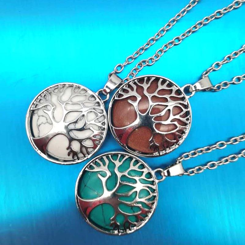 Multi-Color Hollow Natural Stone Pendant Item Round Alloy Tree Of Life Necklace Elegant And Fashionable