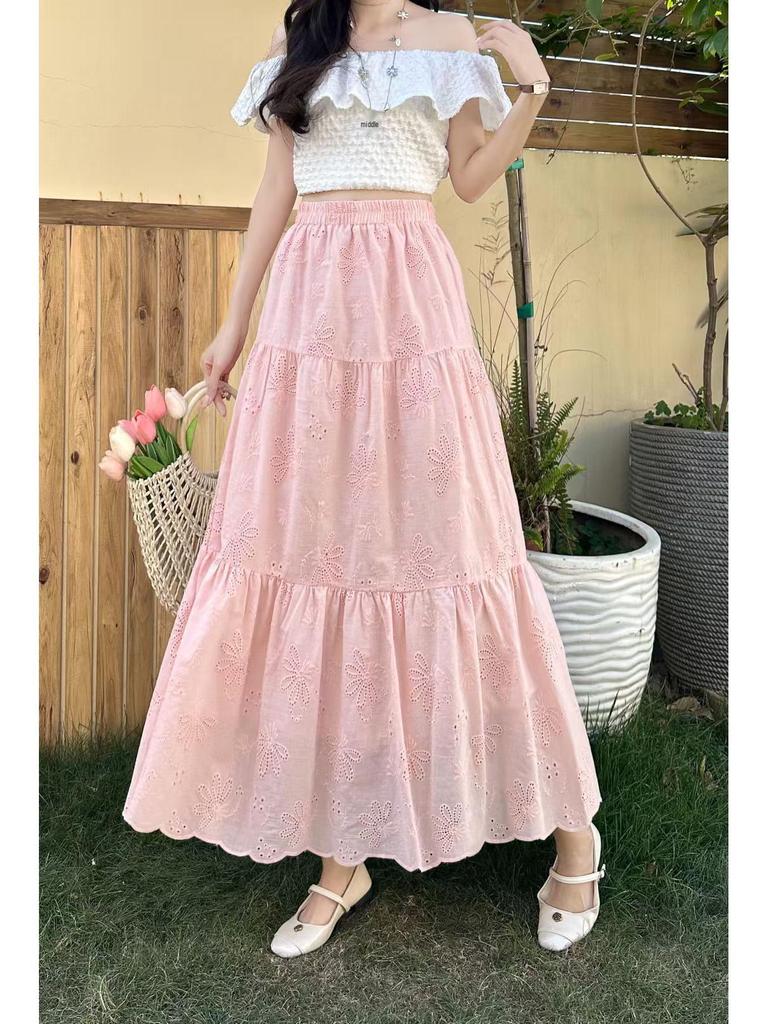 Women's White Embroidered A-line Cake Skirt for Autumn/Winter