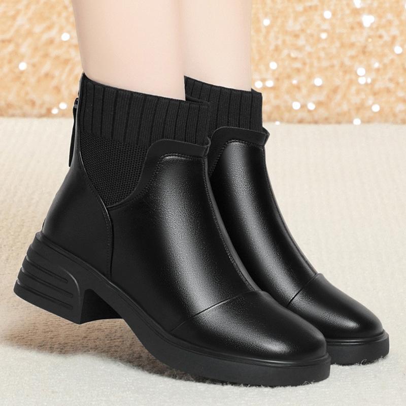 Xiaoxiangfeng Thin Boots Women, Autumn and Winter New Short Boots Soft Leather Soft-soled Elastic Socks Boots Velvet Martin Boots