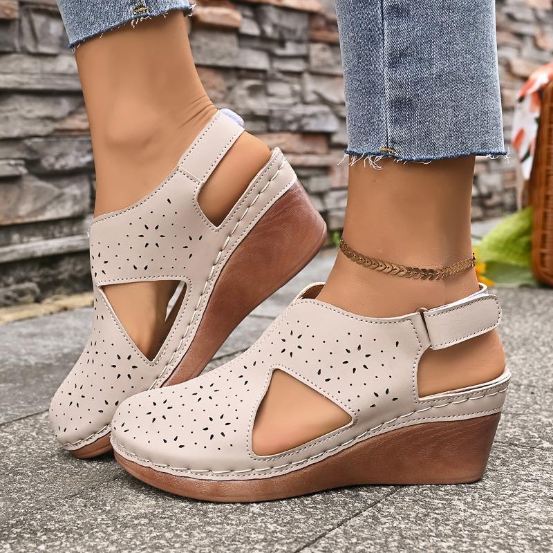 Damen Hollow Out Peep-Toe Sandalen - Verstellbarer Riemen Plateau Wedge mit Klettverschluss, Modische Freizeit-Sandalen