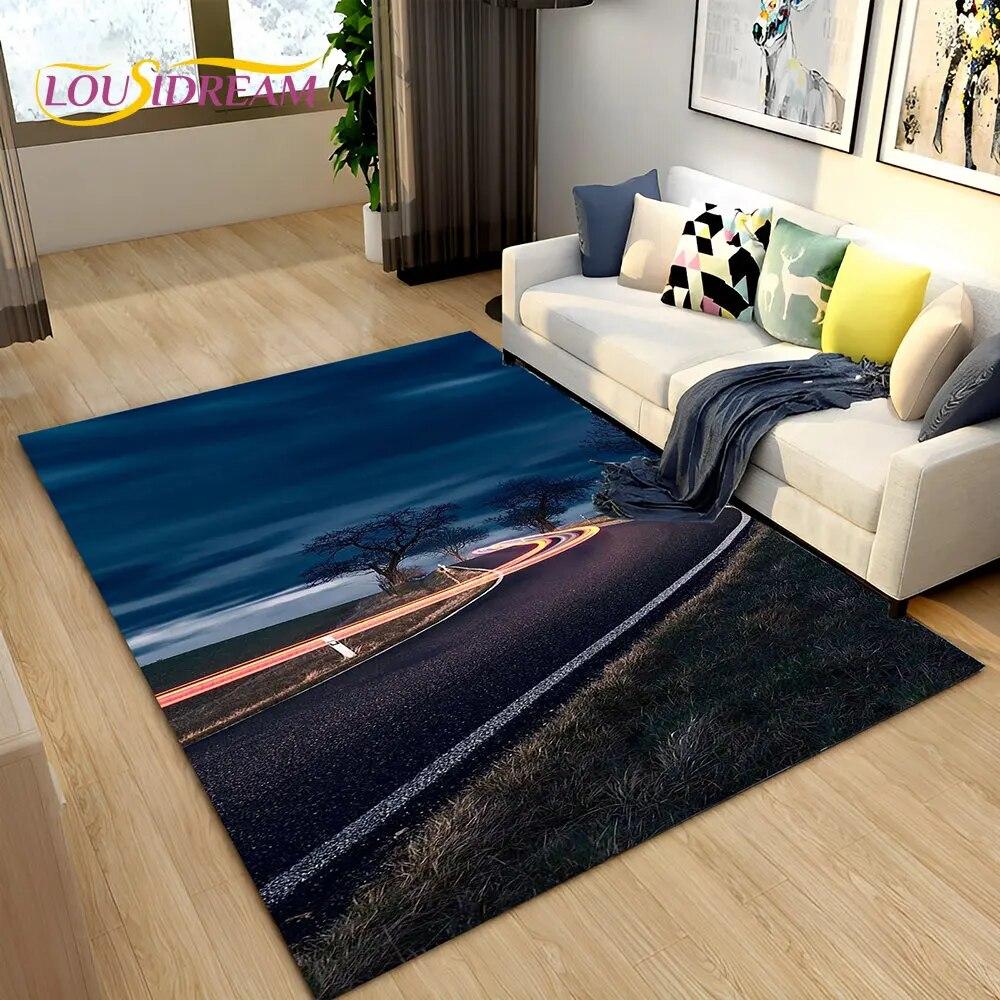 3D Neon Expressway Track Road Area Rug Large,Carpet Rug for Home Living Room Bedroom Sofa Doormat Decor,Kids Non-slip Floor Mat