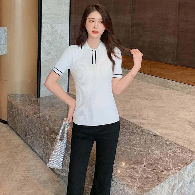 Gejia 2024 Spring/Summer Women's Polo Collar Color Block Short Sleeve Ice Silk Slim Fit T-Shirt