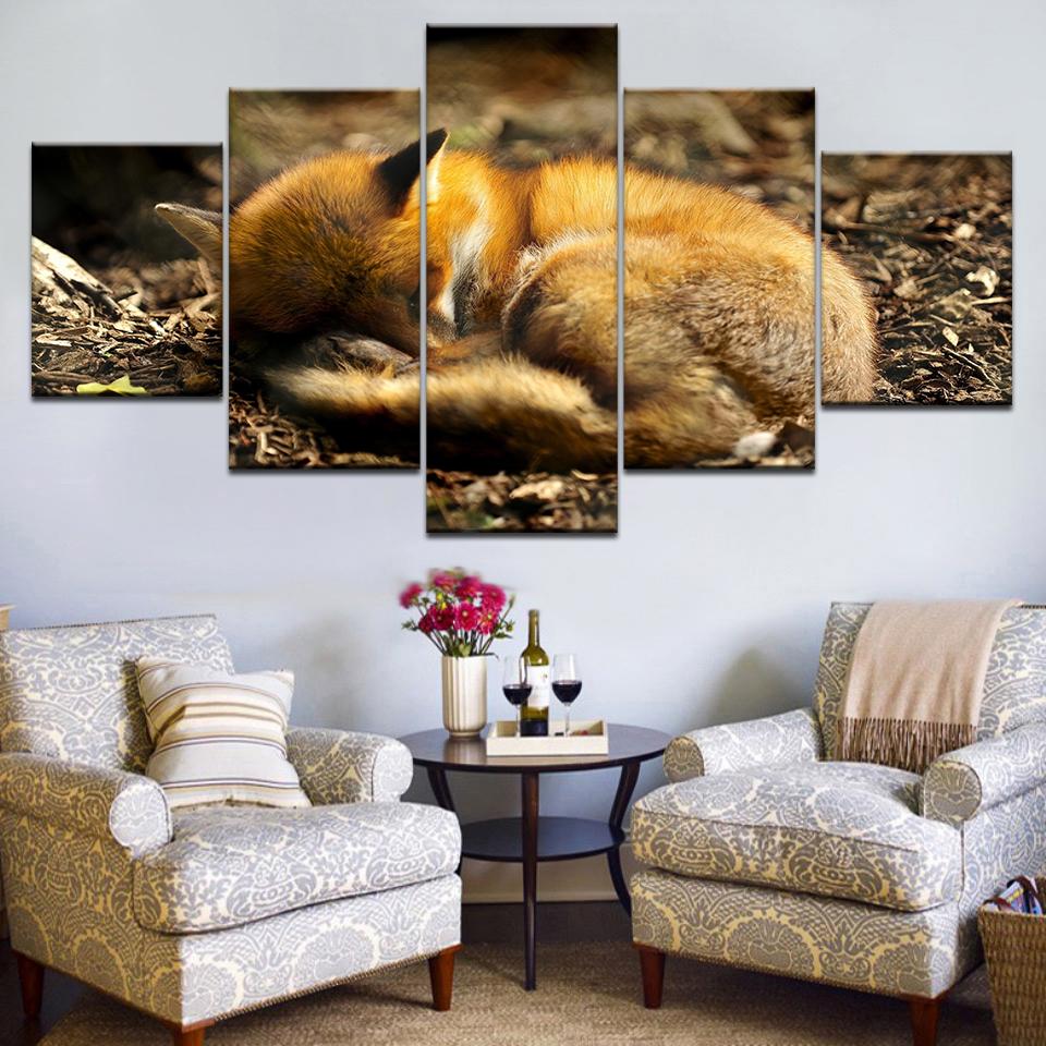 Wall Art 5 Pieces Sleeping Fox Pictures Forest Animal Poster Modular Canvas Prints Painting Framework Living Room Home Decor No Frame