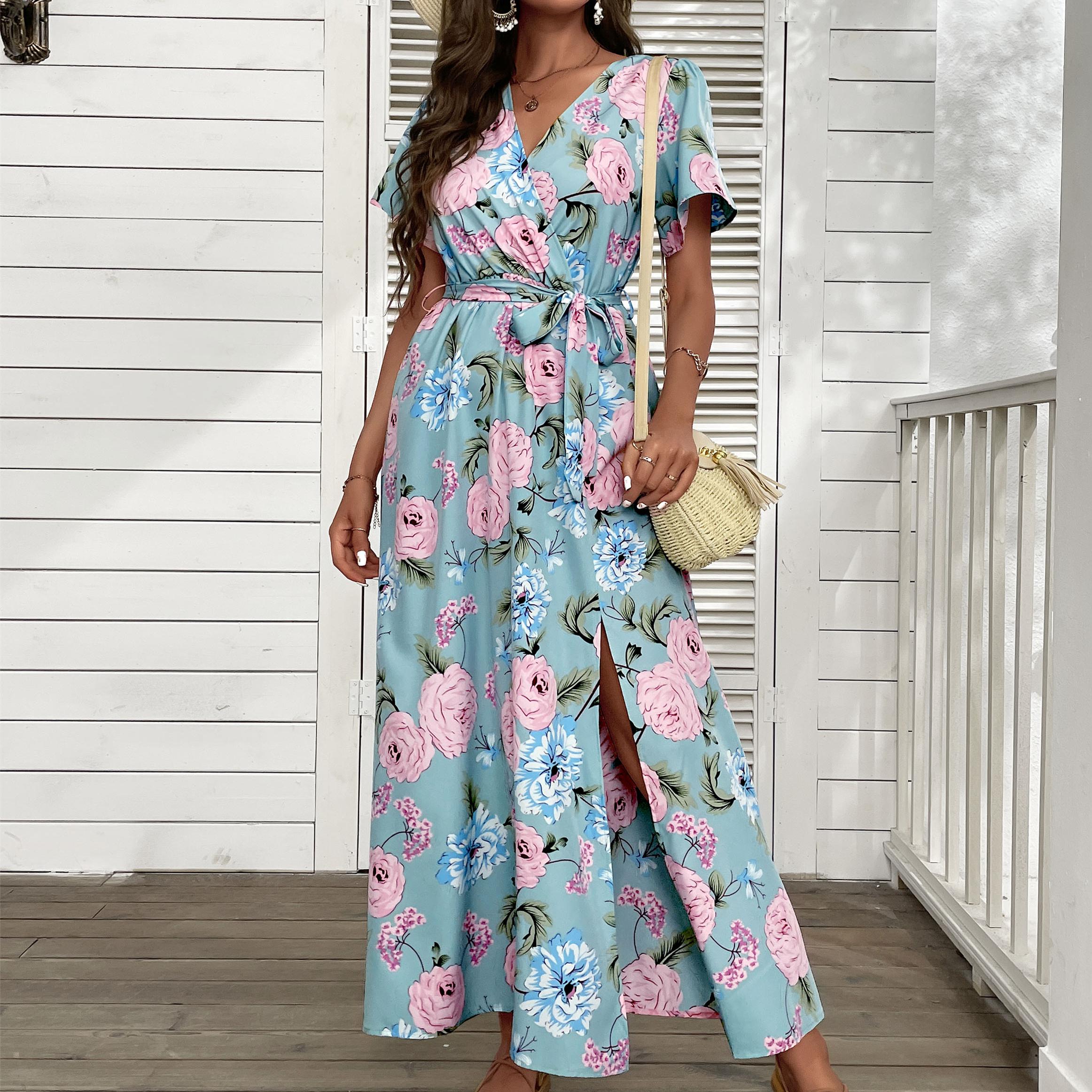 

YYFS женские модные богемные летние весенние повседневные платья с коротким рукавом и v-образным вырезом с цветочным принтом M зелёный