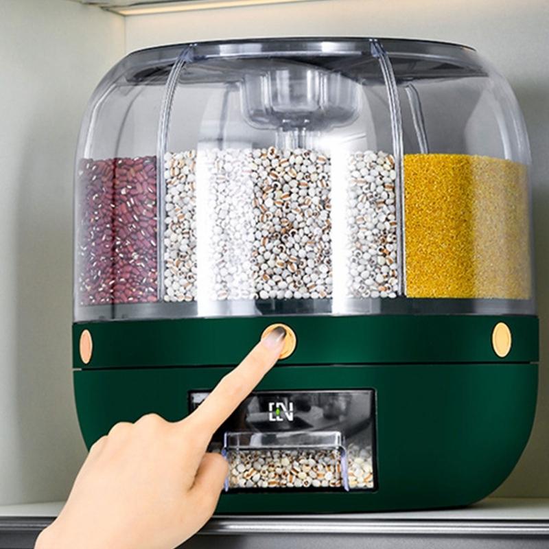 Household Grains Storage Container with 6 Unit Convenient Dry Cereal Organizers Bucket Sealed Rotating Rice Dispenser