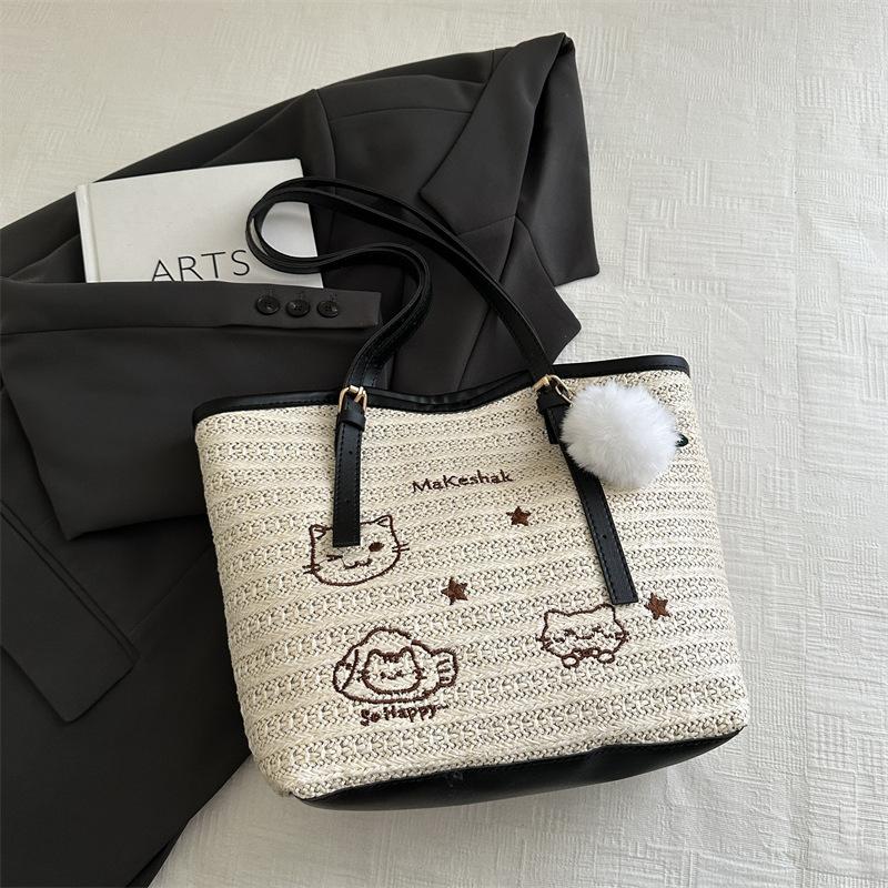 Woven Fashionable Large-capacity Cat Embroidery Tote Bag, New Trendy Foreign Style, Casual Commuting Temperament, Simple Beach Bag