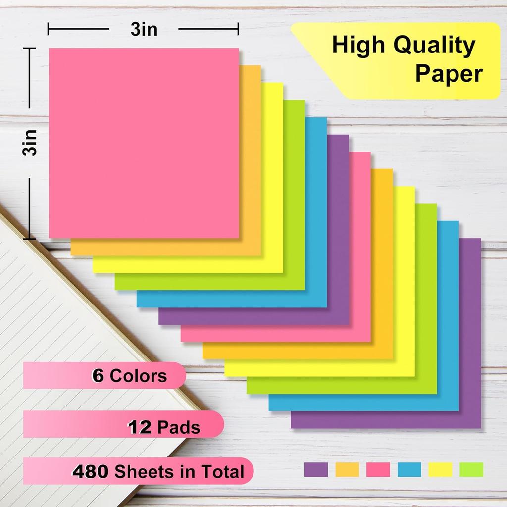 OHOME Sticky Notes - 12 Pads, 3”x3” - Colorful Self-Stick Post Notes Bulk - Office Desk Accessories | Teacher Classroom Must Haves,Aesthetic