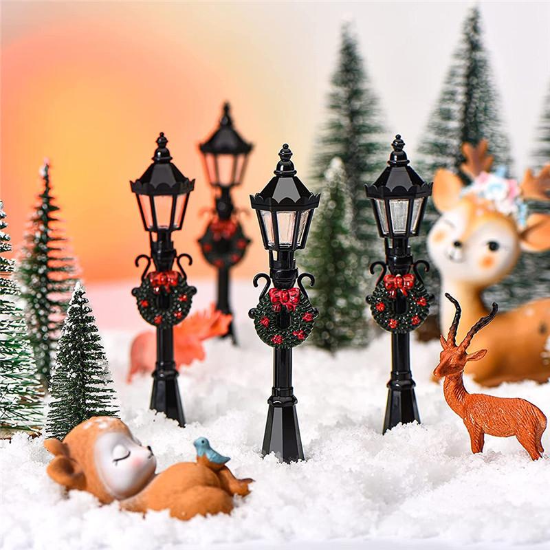4PCS Small Christmas Mini Street Lamp Desktop Ornaments Miniature Figurines Christmas Figurines Decorations Dollhouse Accessories