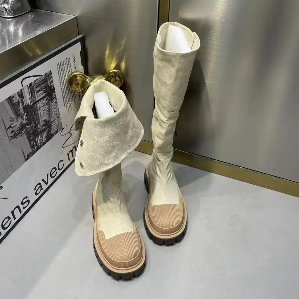 Women Flats Platform Denim Chelsea Boots Winter Shoes Designer New Knee High Motorcycle Boots Casual Goth Shoes Snow Botas Mujer