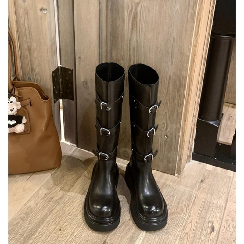 Su Yinyin same supermodel boots~ 6cm thick-soled high tube belt buckle boots knight boots retro thick heel women's boots autumn and winter