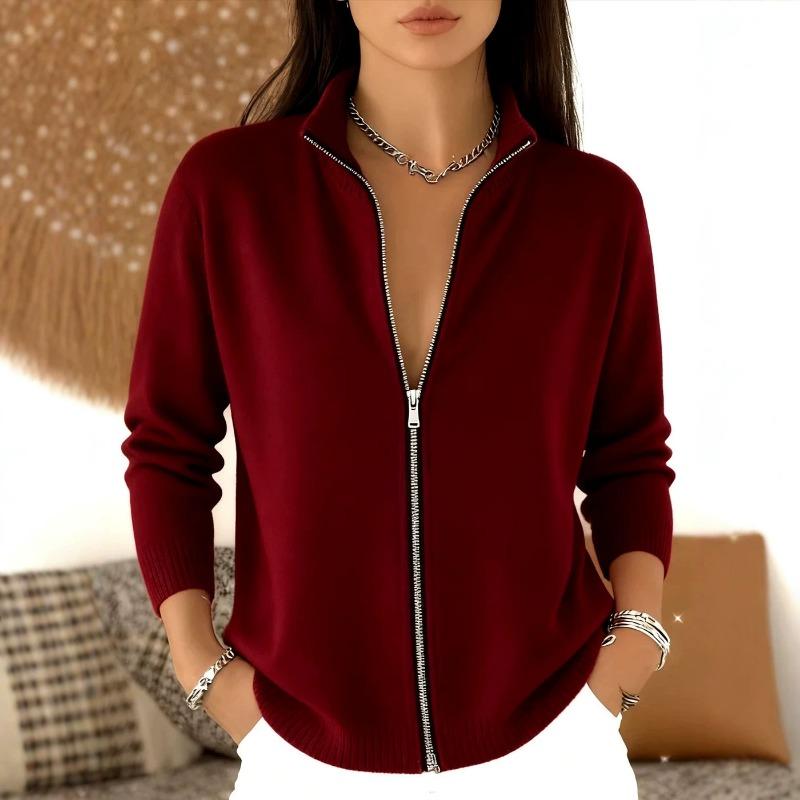Women S Half High Neck Full Zip Long Sleeve Knit Cardigan Solid Color
